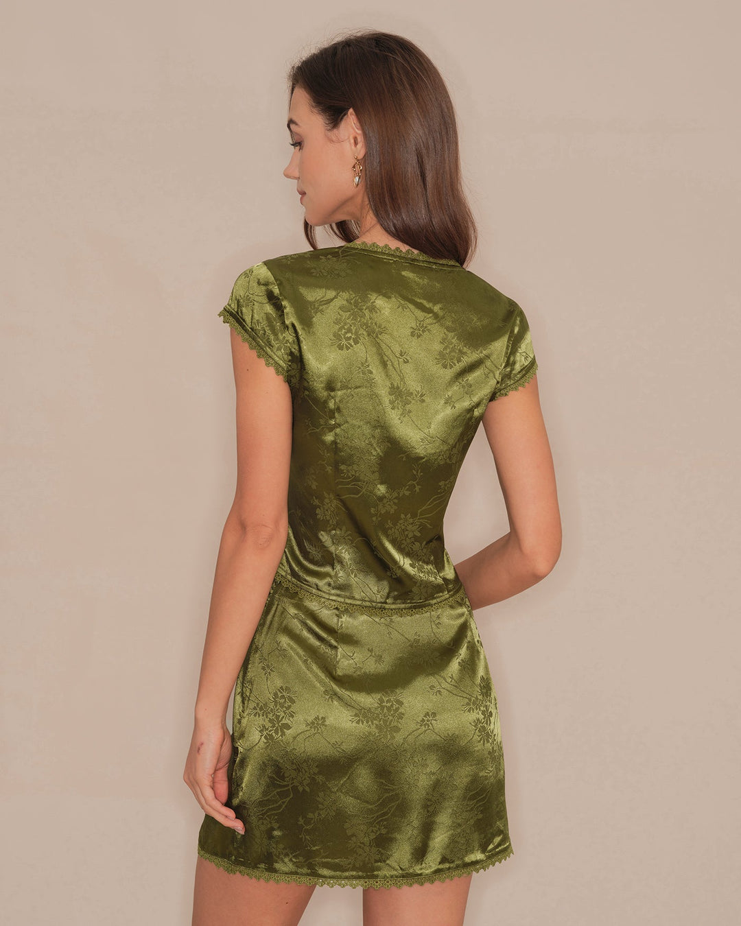 Morgan and Brooke | Floral Satin V Neck Tee for Women in Green