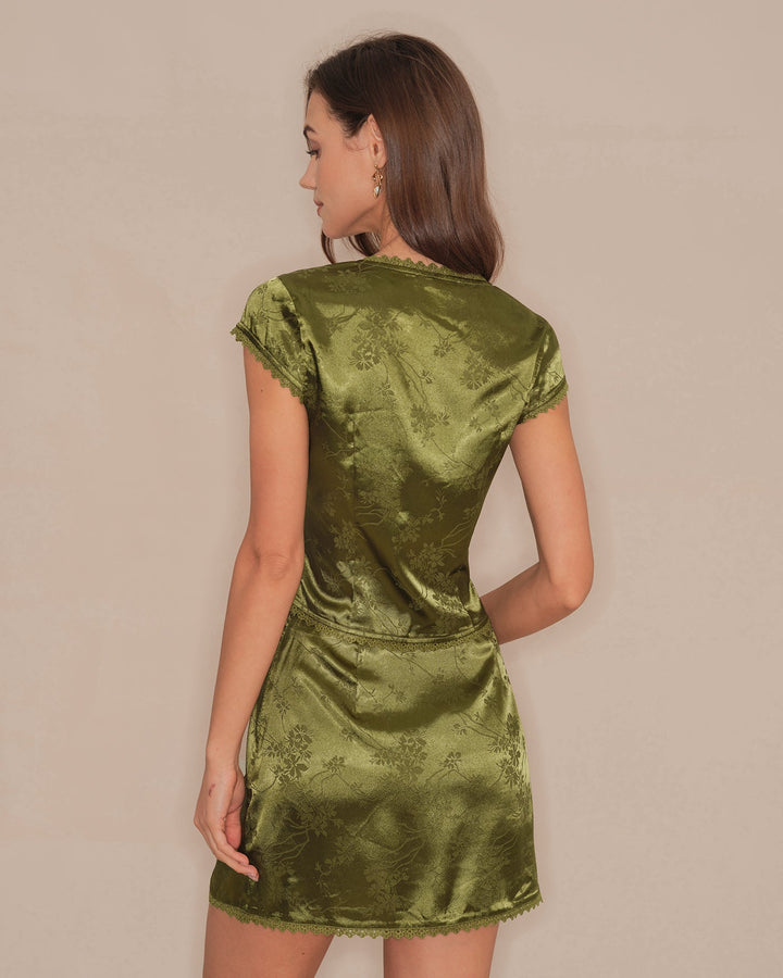 Morgan and Brooke | Floral Satin V Neck Tee for Women in Green
