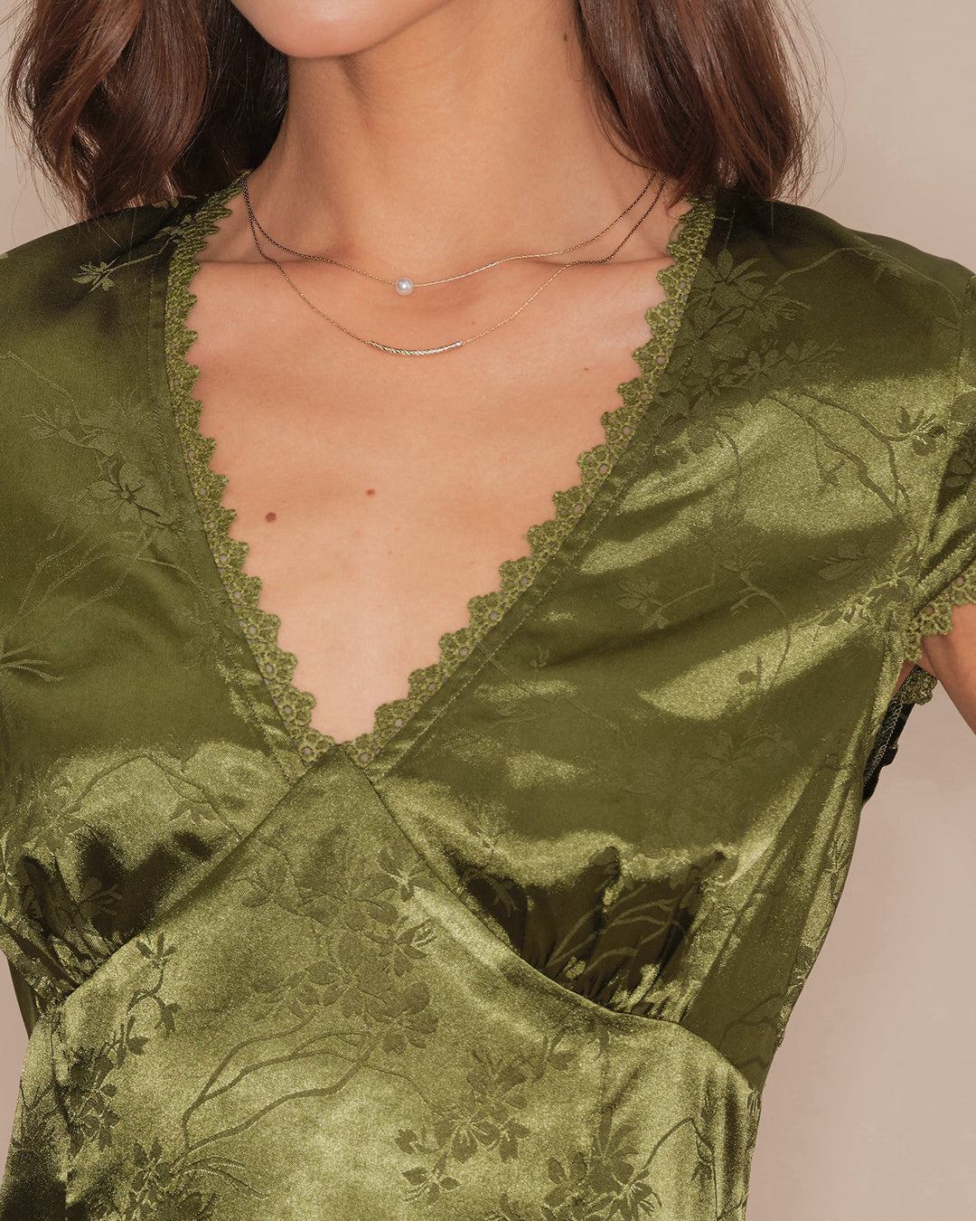 Morgan and Brooke | Floral Satin V Neck Tee for Women in Green