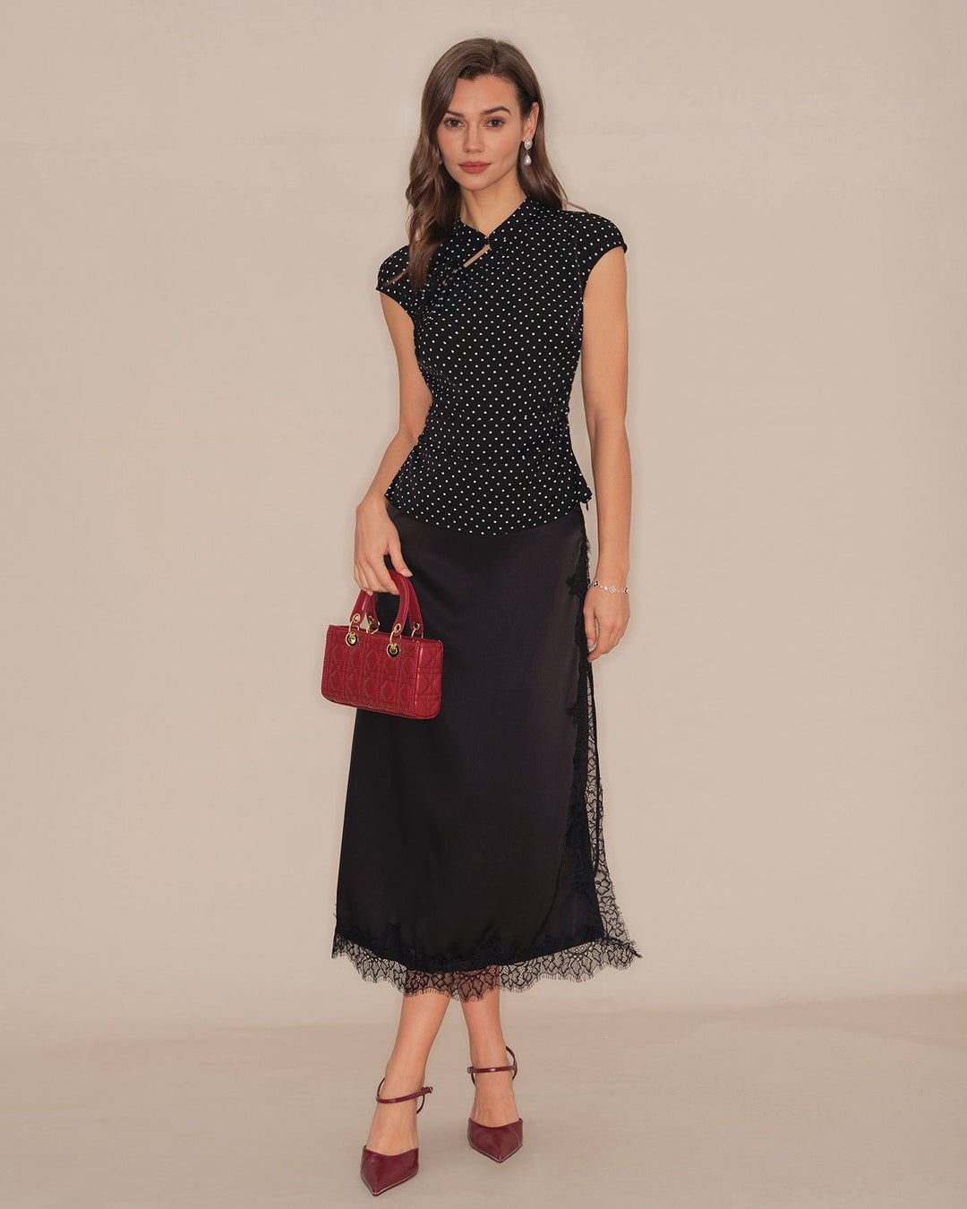 Morgan and Brooke | Black Polka Dot Mandarin Collar Top