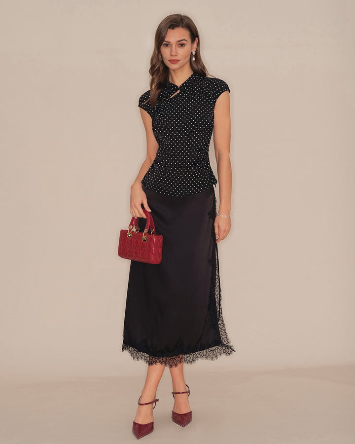 Morgan and Brooke | Black Polka Dot Mandarin Collar Top