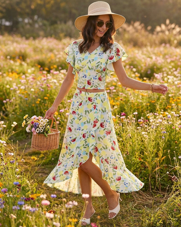Morgan and Brooke | Floral V Neck Ruffle Top
