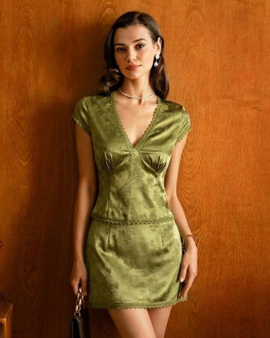 Morgan and Brooke | Floral Satin V Neck Tee for Women in Green