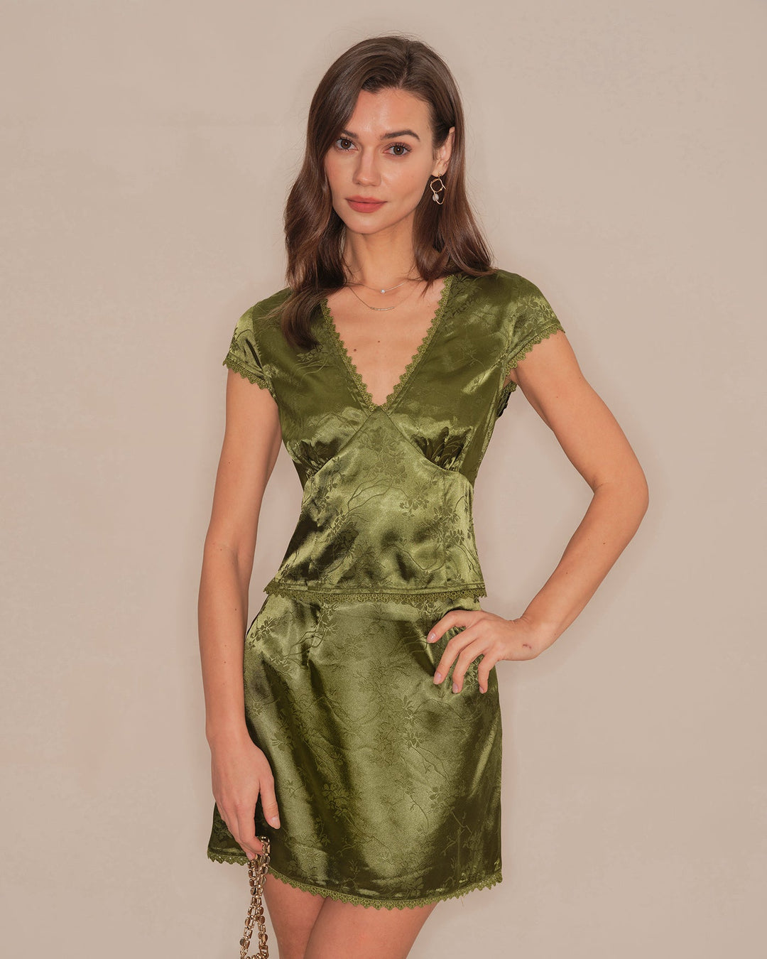 Morgan and Brooke | Floral Satin V Neck Tee for Women in Green