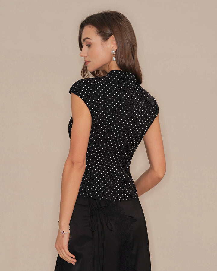 Morgan and Brooke | Black Polka Dot Mandarin Collar Top