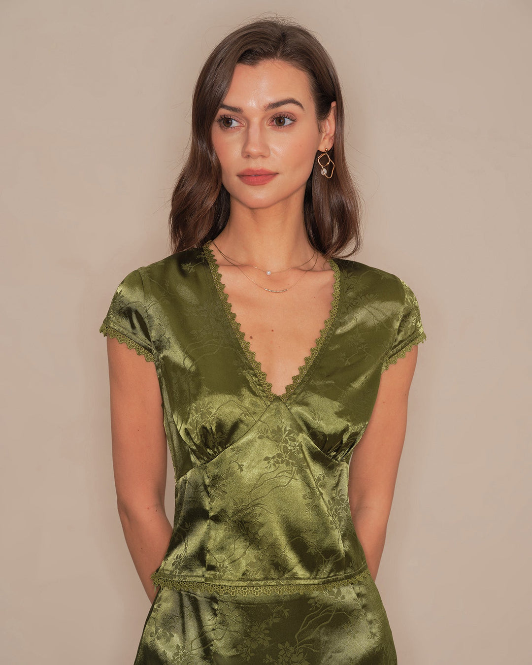 Morgan and Brooke | Floral Satin V Neck Tee for Women in Green