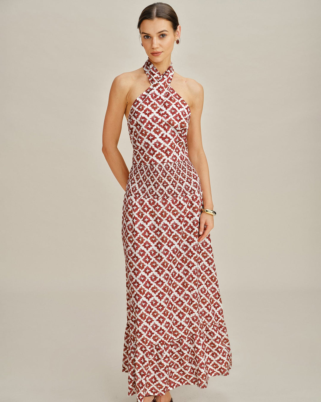 Morgan and Brooke | Halter Shirred Two-Piece Skirt Set, Red