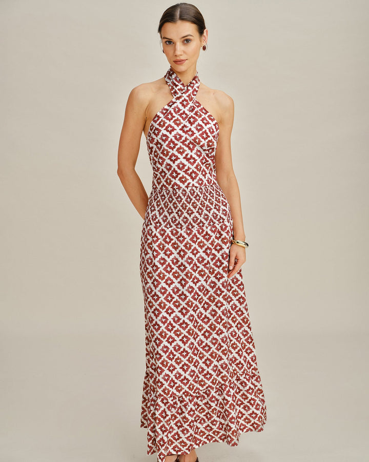 Morgan and Brooke | Halter Shirred Two-Piece Skirt Set, Red