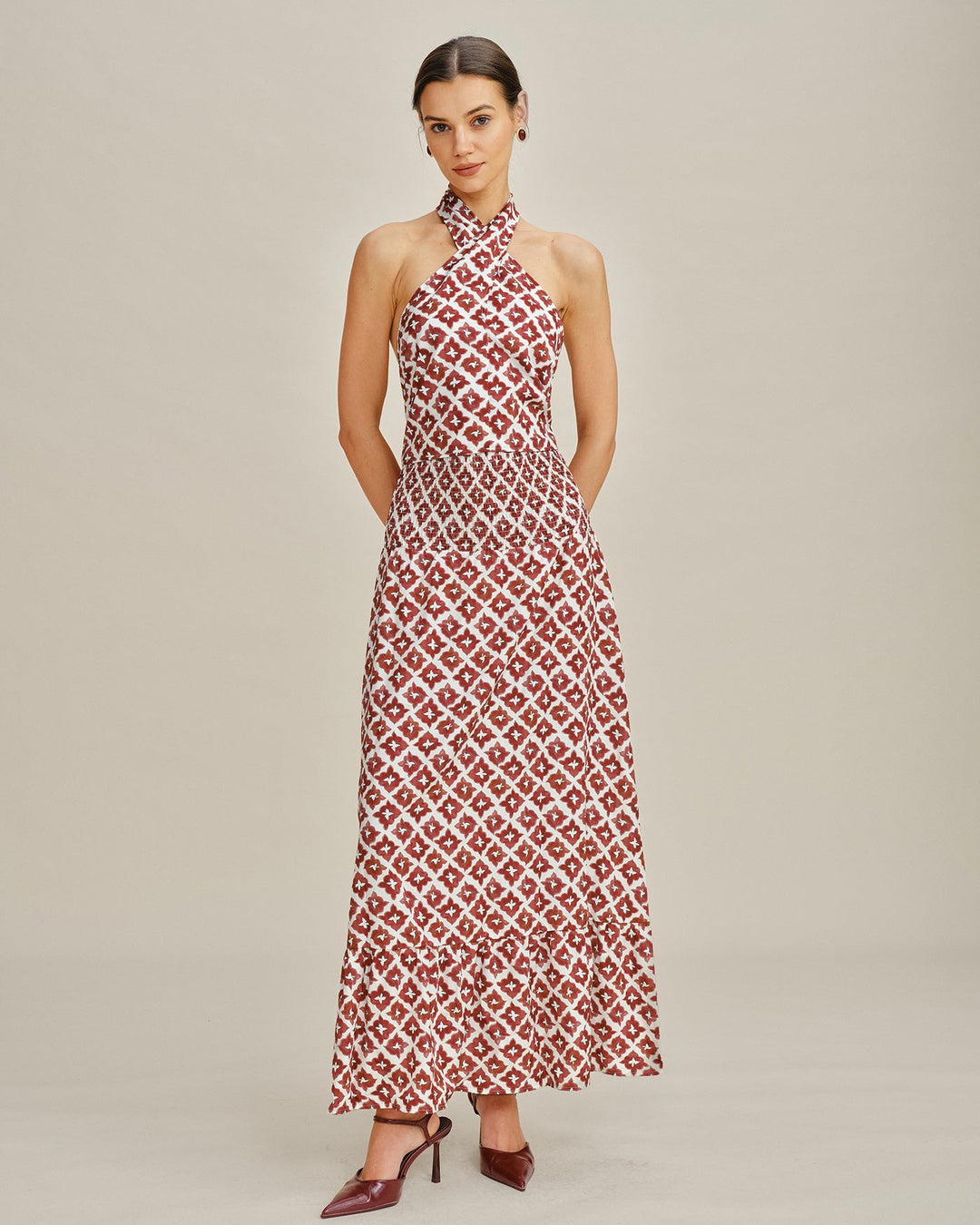 Morgan and Brooke | Halter Shirred Two-Piece Skirt Set, Red