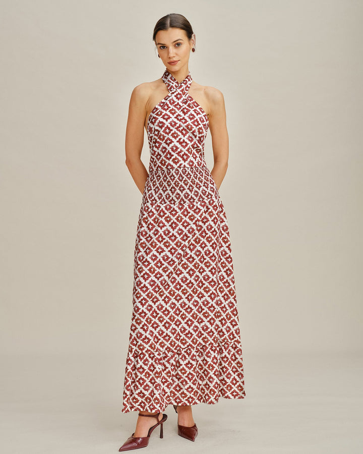 Morgan and Brooke | Halter Shirred Two-Piece Skirt Set, Red