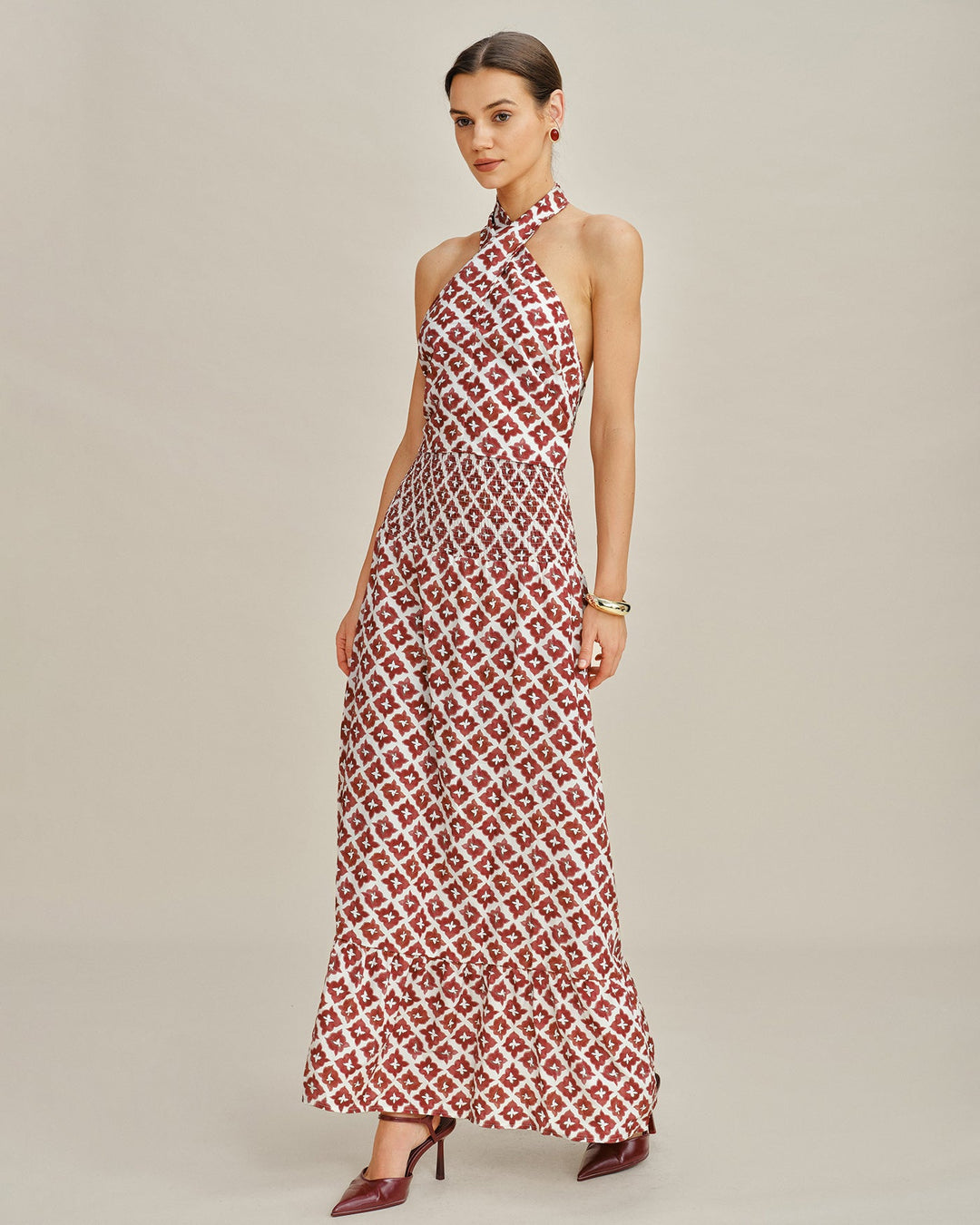 Morgan and Brooke | Halter Shirred Two-Piece Skirt Set, Red