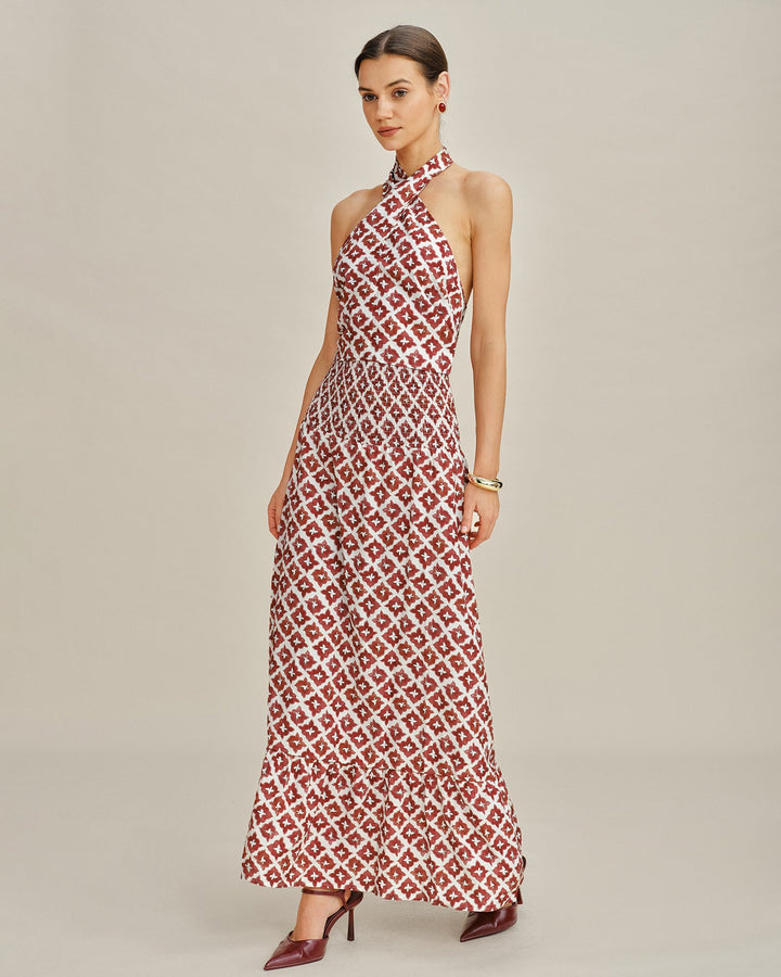 Morgan and Brooke | Halter Shirred Two-Piece Skirt Set, Red