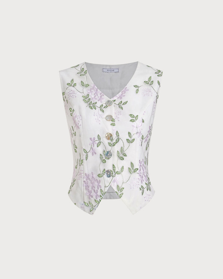 Morgan and Brooke | White Embroidered V Neck Vest