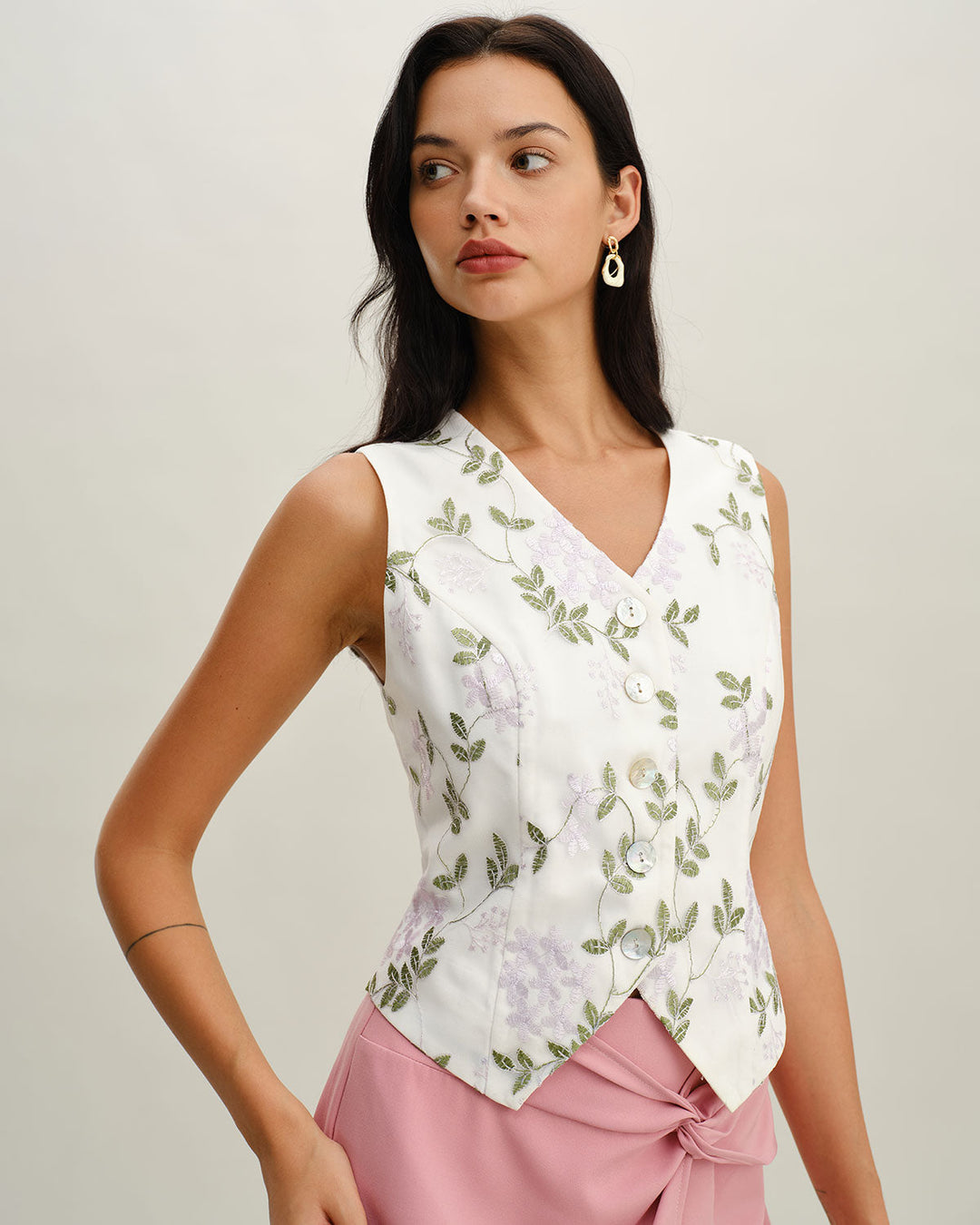 Morgan and Brooke | White Embroidered V Neck Vest