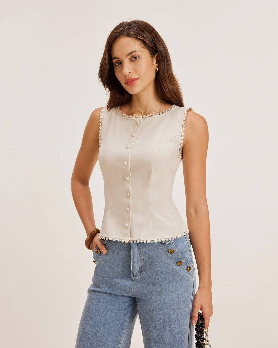 Morgan and Brooke | Boat Neck Button Vest for Women in Apricot