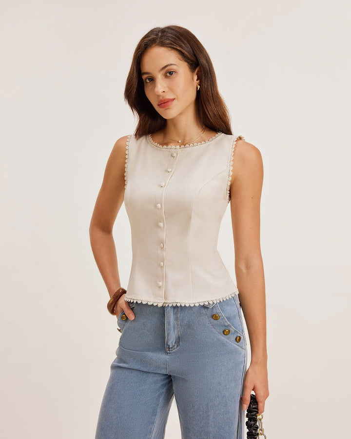 Morgan and Brooke | Boat Neck Button Vest for Women in Apricot