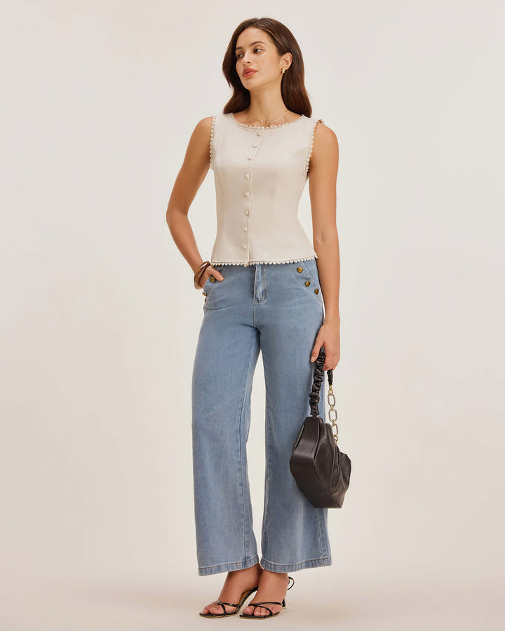 Morgan and Brooke | Boat Neck Button Vest for Women in Apricot