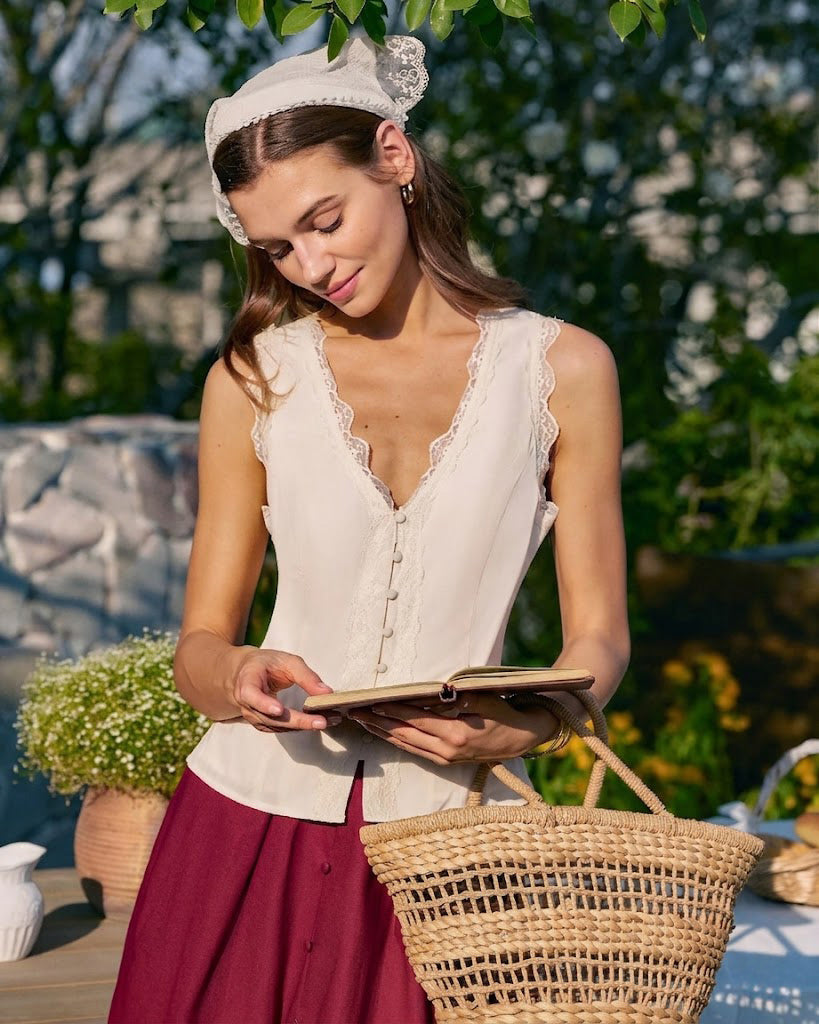 Morgan and Brooke | V Neck Lace Vest for Women in Apricot
