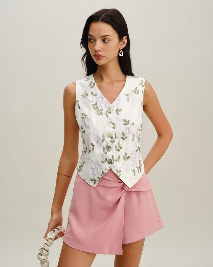 Morgan and Brooke | White Embroidered V Neck Vest