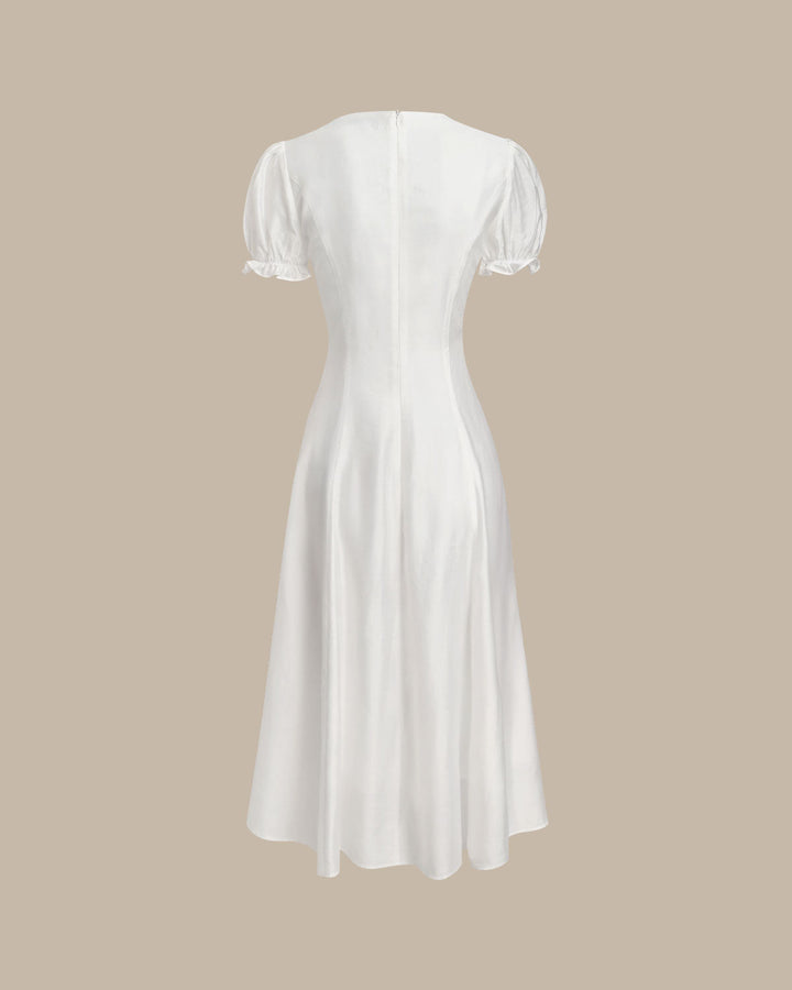 Morgan and Brooke | White Puffed Sleeve V Neck Midi Dress