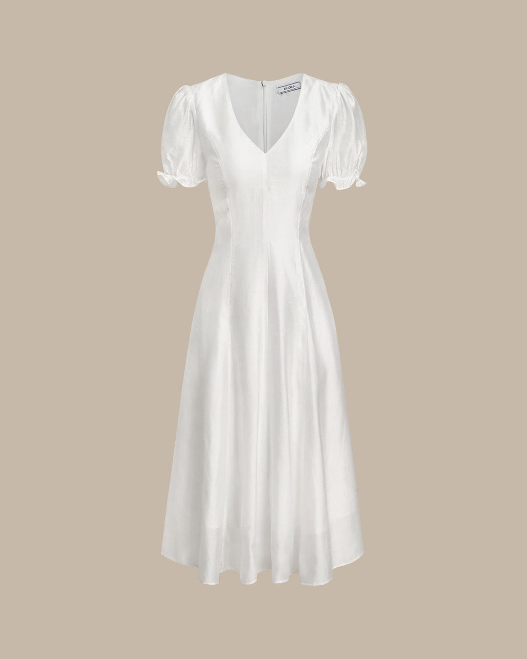Morgan and Brooke | White Puffed Sleeve V Neck Midi Dress
