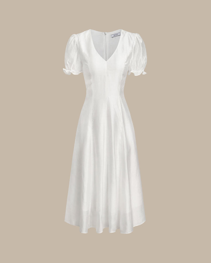 Morgan and Brooke | White Puffed Sleeve V Neck Midi Dress