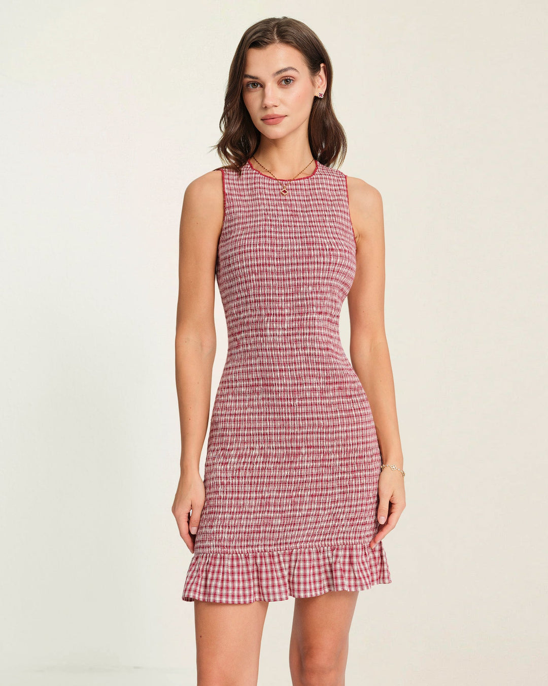Morgan and Brooke | Ruffle Plaid Mini Dress for Women in Red