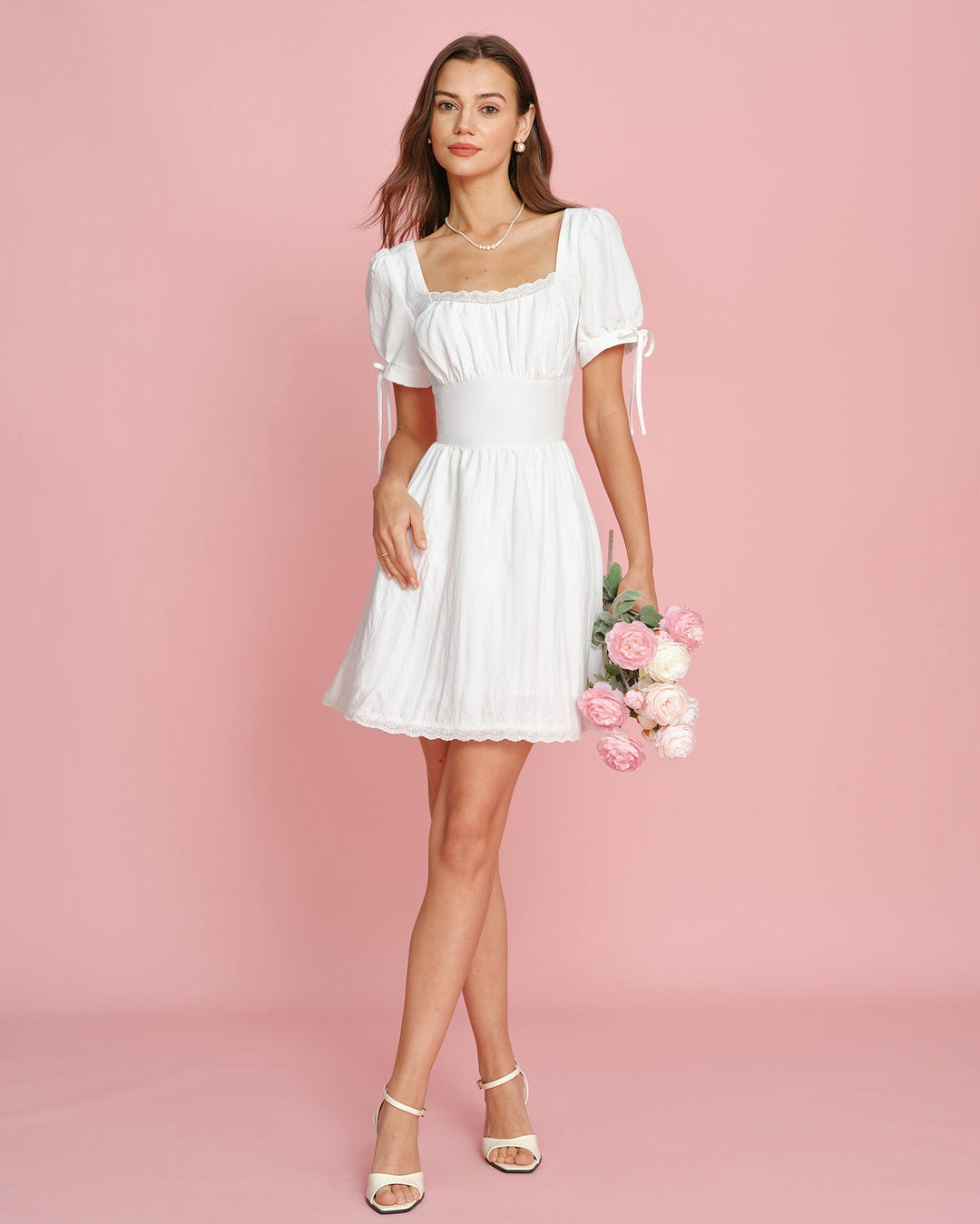 Morgan and Brooke | Lace Mini Dress for Women in White with Square Neck