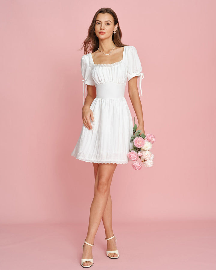 Morgan and Brooke | Lace Mini Dress for Women in White with Square Neck