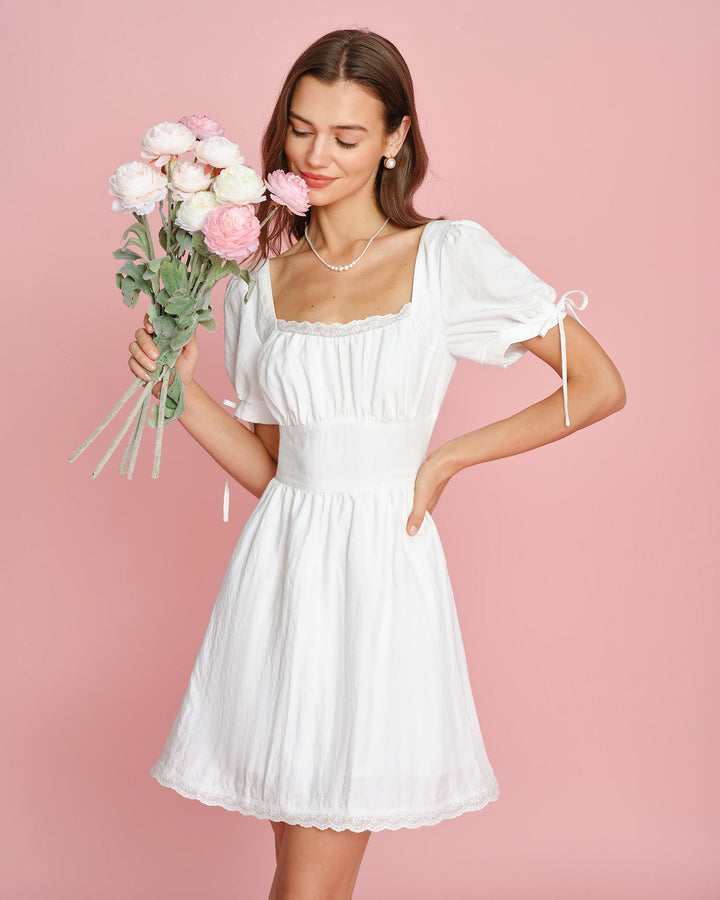 Morgan and Brooke | Lace Mini Dress for Women in White with Square Neck